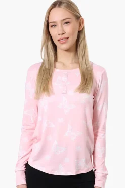 Canada Weather Gear Butterfly Pattern Henley Pajama Top - Pink