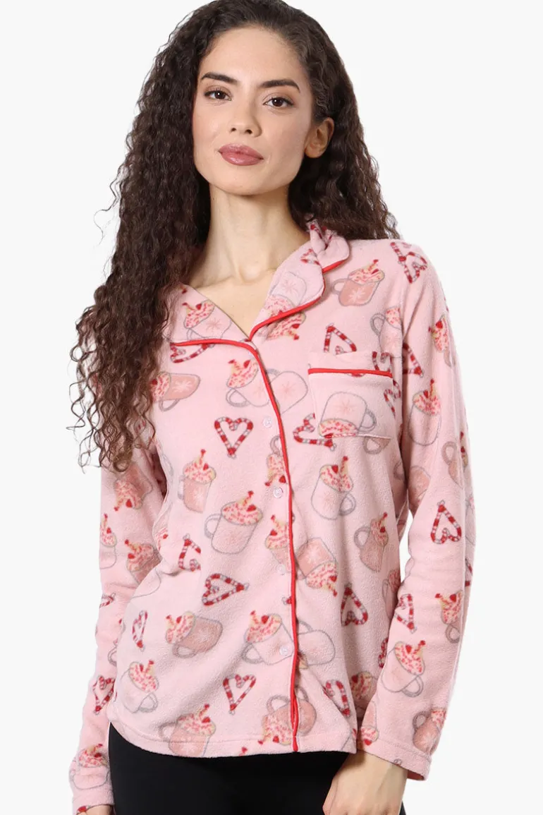 Canada Weather Gear Button Down Festive Pattern Pajama Top - Pink