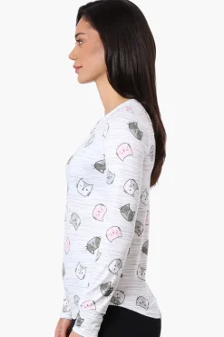 Canada Weather Gear Cat Pattern Henley Pajama Top - White