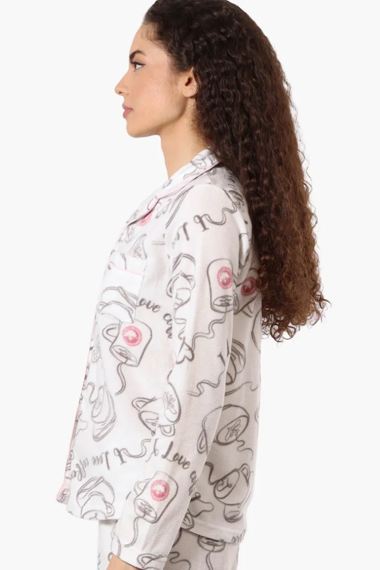 Canada Weather Gear Coffee Pattern Button Down Pajama Top - White