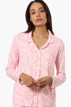 Canada Weather Gear Heart Pattern Button Down Pajama Top - Pink