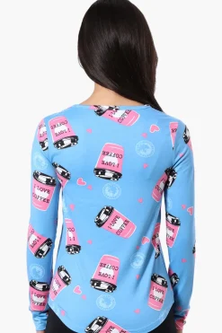 Canada Weather Gear I Love Coffee Pattern Henley Pajama Top - Blue