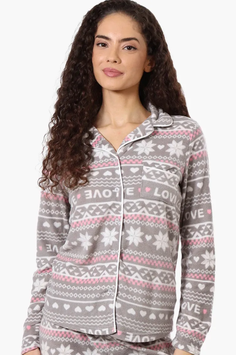 Canada Weather Gear Love Pattern Button Down Pajama Top - Grey