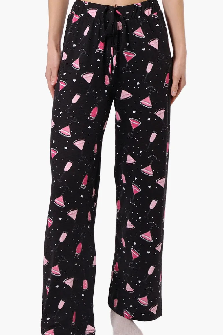Canada Weather Gear Martini Pattern Wide Leg Pajama Pants - Black