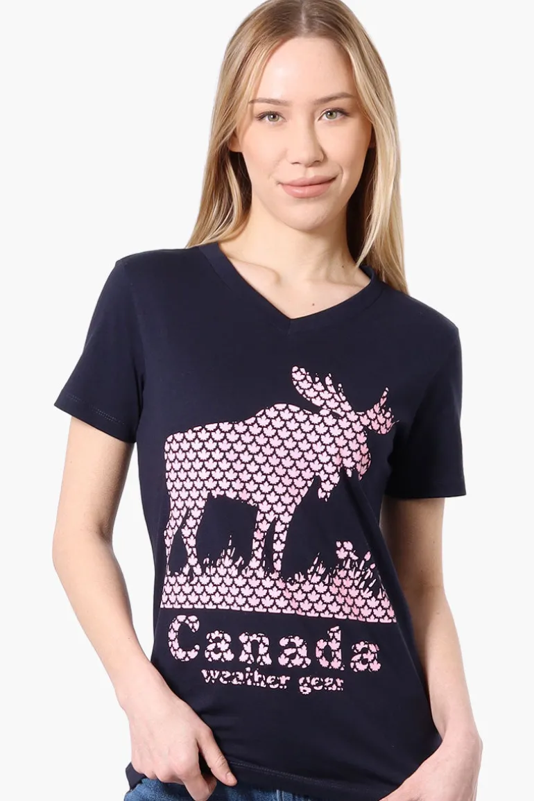 Canada Weather Gear Moose Print V-Neck Tee - Navy