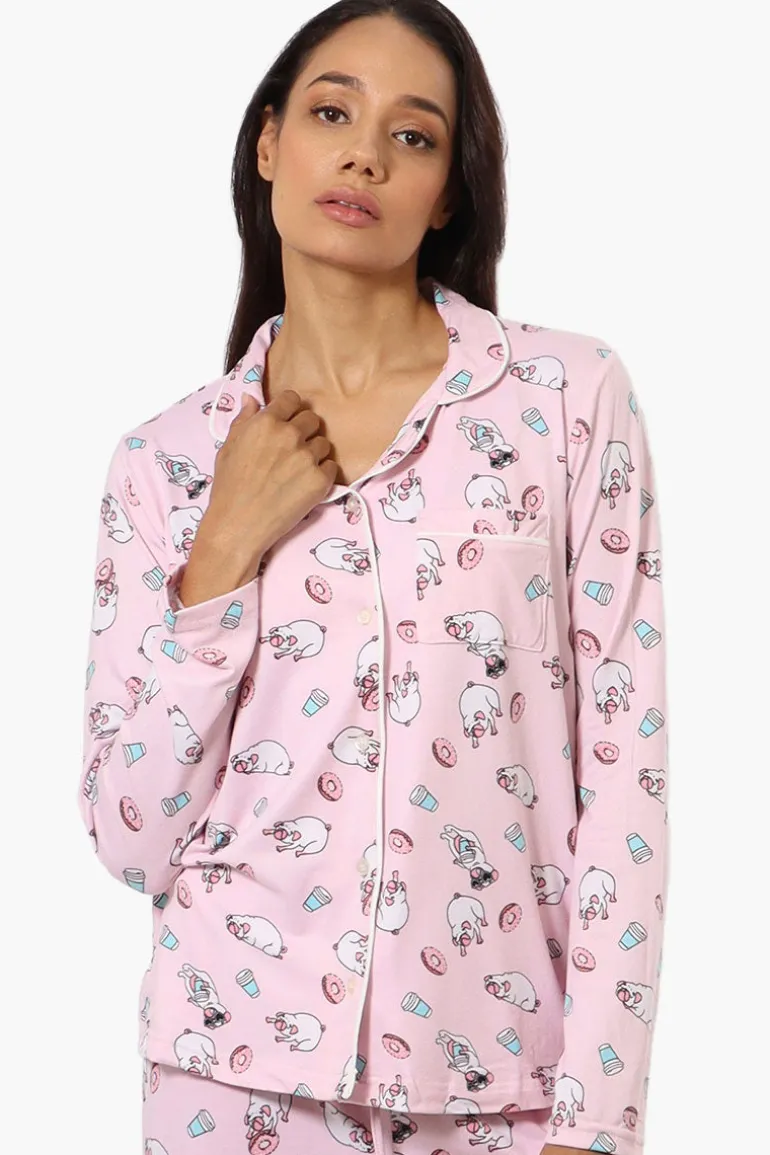 Canada Weather Gear Pug Pattern Button Down Pajama Top - Pink
