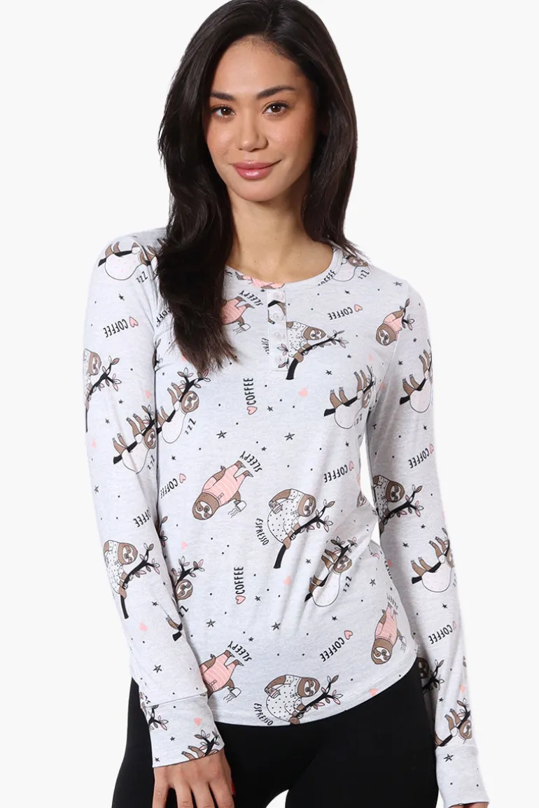 Canada Weather Gear Sloth Pattern Henley Pajama Top - Grey