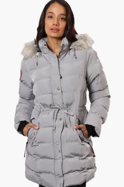 Canada Weather Gear Tie Waist Vegan Fur Hood Parka Jacket - Grey