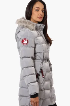 Canada Weather Gear Tie Waist Vegan Fur Hood Parka Jacket - Grey