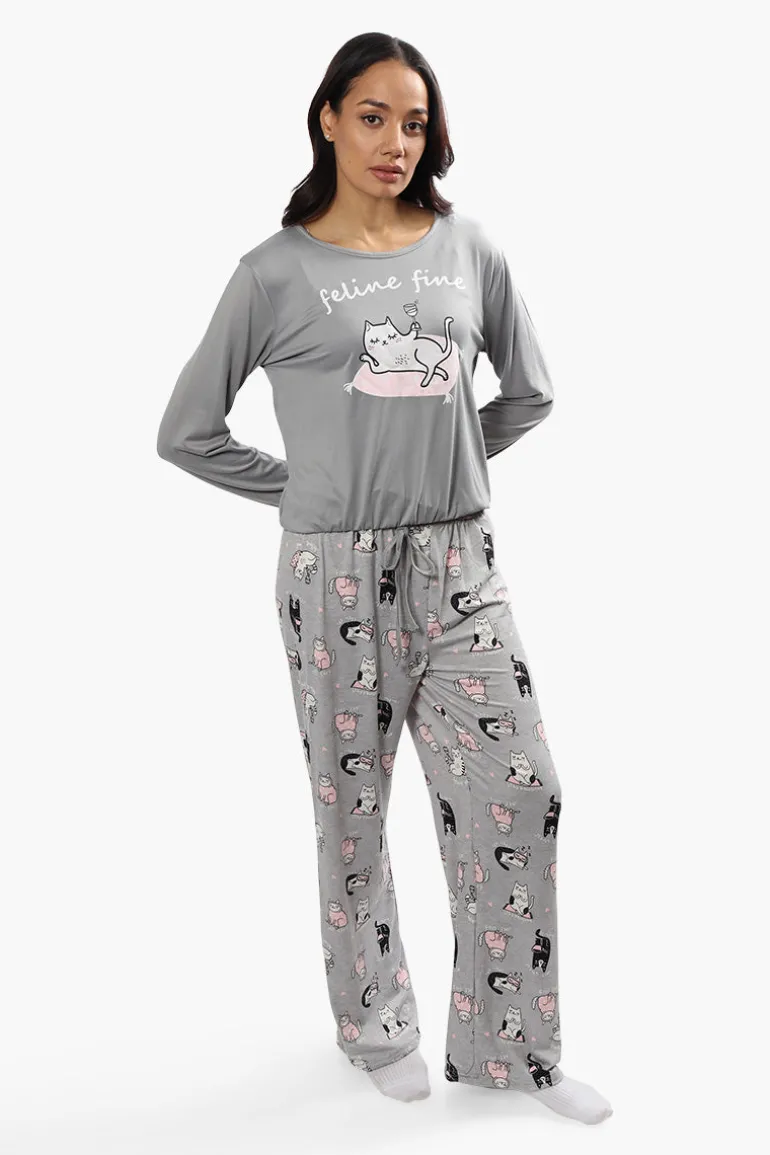 Cuddly Canuckies Feline Fine Print Pajama Top - Grey
