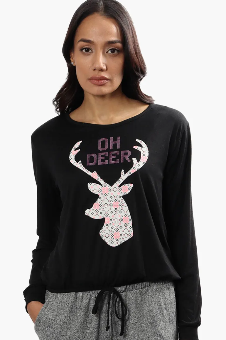 Cuddly Canuckies Oh Deer Print Pajama Top - Black