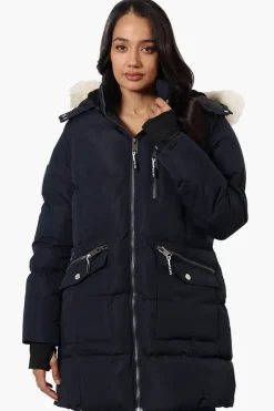 Super Triple Goose Faux Fur Thumb Hole Parka Jacket - Navy