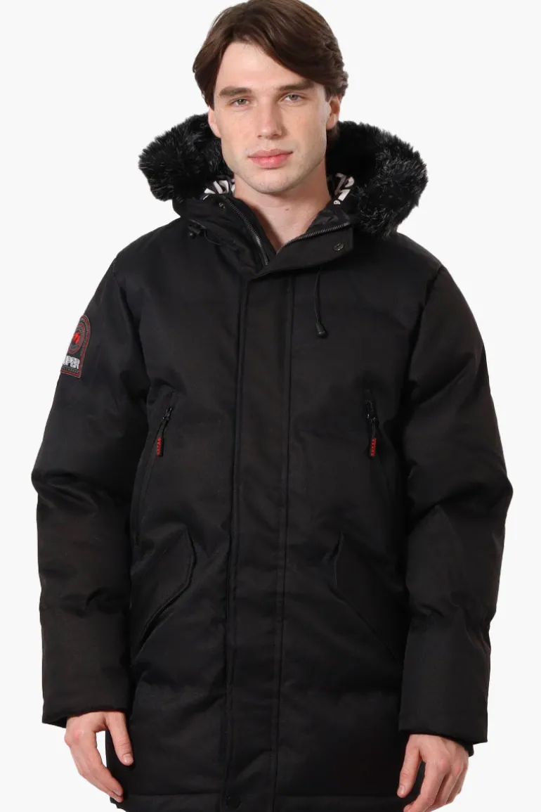 Super Triple Goose Faux Fur Twill Parka Jacket - Black
