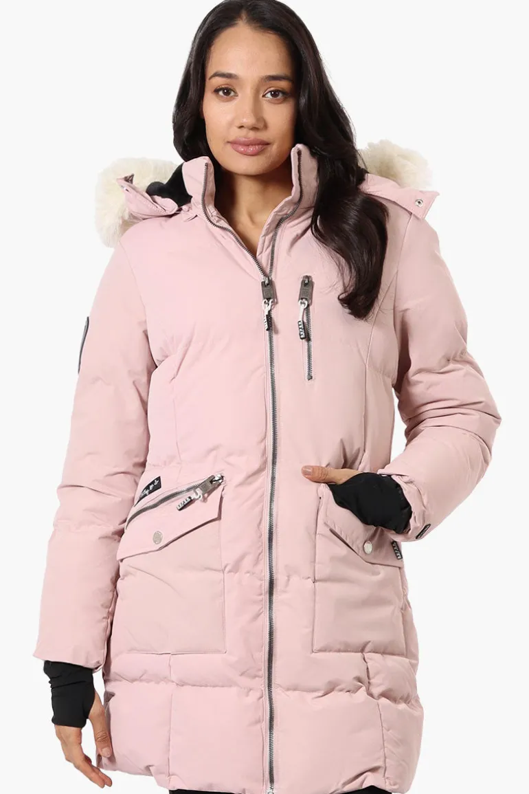 Super Triple Goose Faux Fur Thumb Hole Parka Jacket - Pink
