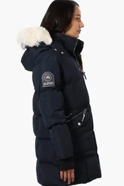 Super Triple Goose Faux Fur Thumb Hole Parka Jacket - Navy