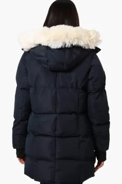 Super Triple Goose Faux Fur Thumb Hole Parka Jacket - Navy