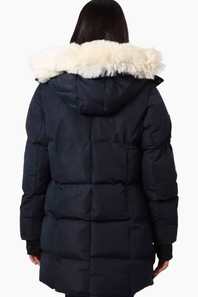 Super Triple Goose Faux Fur Thumb Hole Parka Jacket - Navy