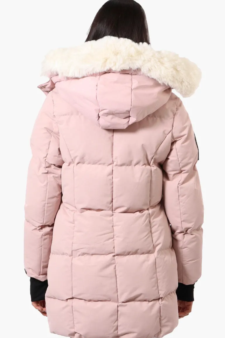 Super Triple Goose Faux Fur Thumb Hole Parka Jacket - Pink