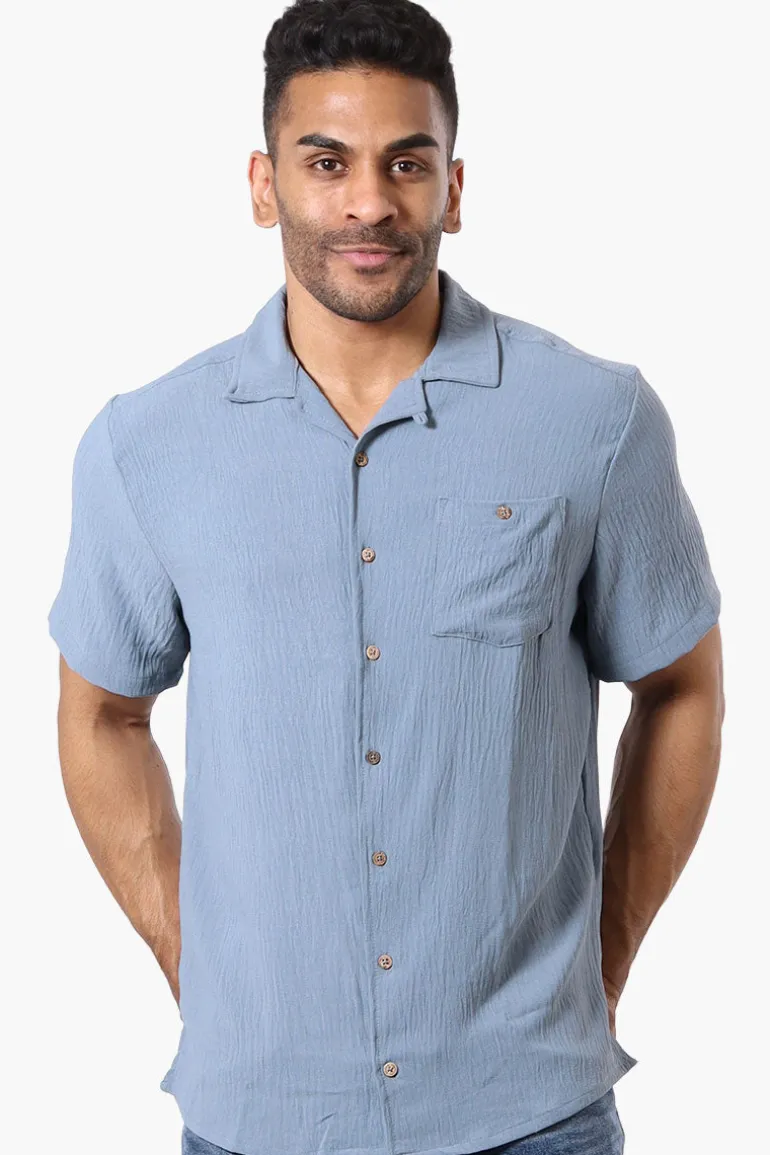 Super Triple Goose Vintage Solid Button Up Casual Shirt - Blue