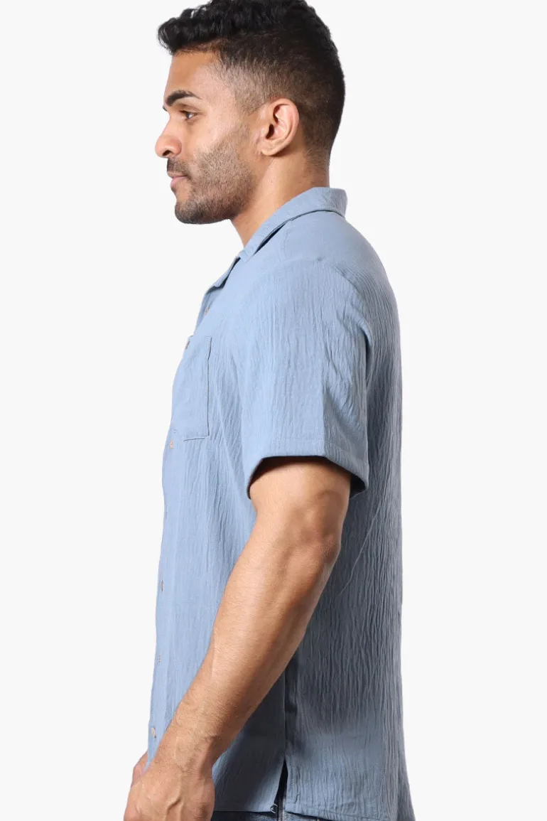 Super Triple Goose Vintage Solid Button Up Casual Shirt - Blue